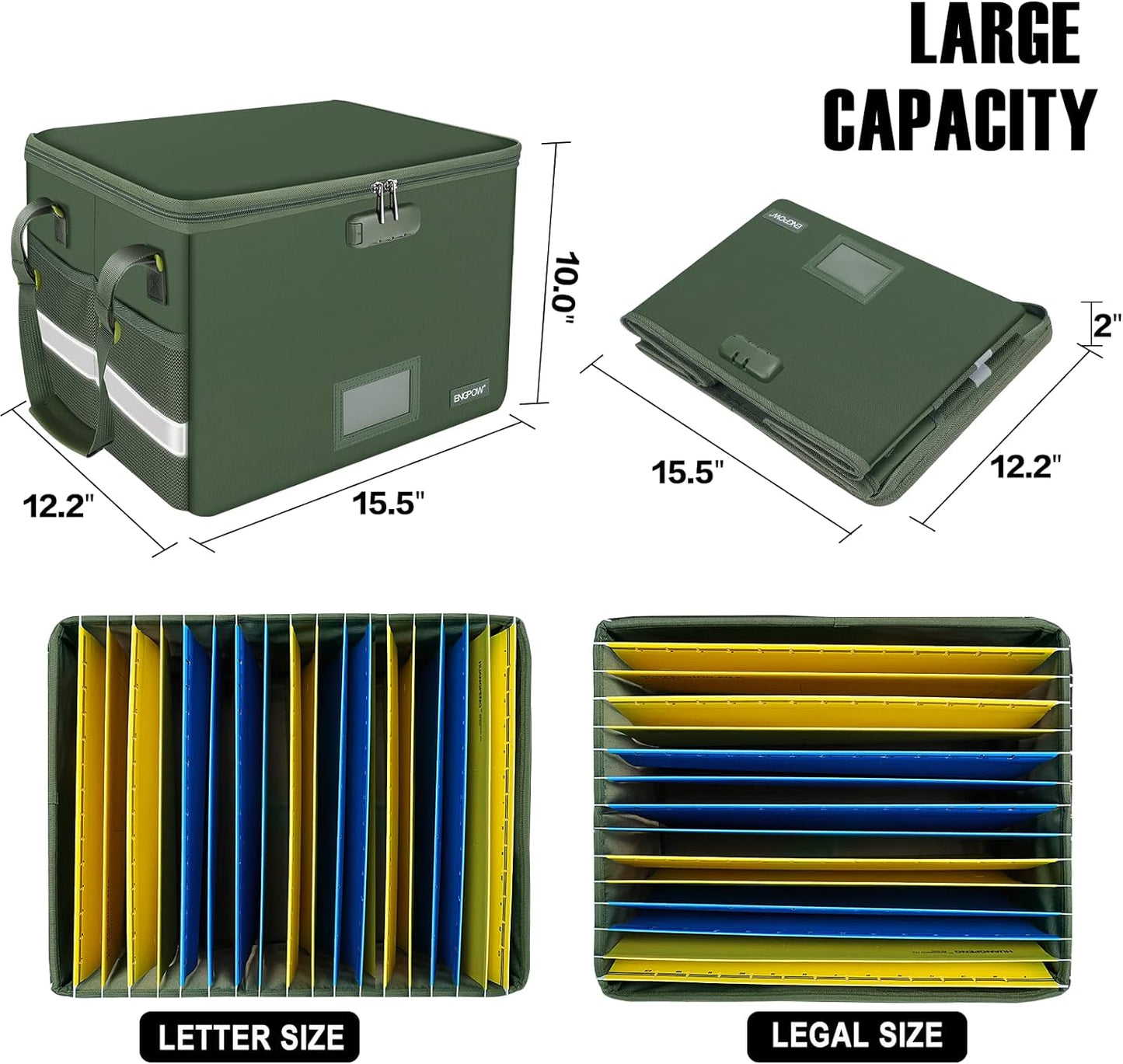 ENGPOW File Box with Lock, Fireproof Document Box with Zipper Lid, Collapsible File Storage Organizer Filing Cabinet with Handle, Portable Home Office Safe for Hanging Letter/Legal Folders, Green