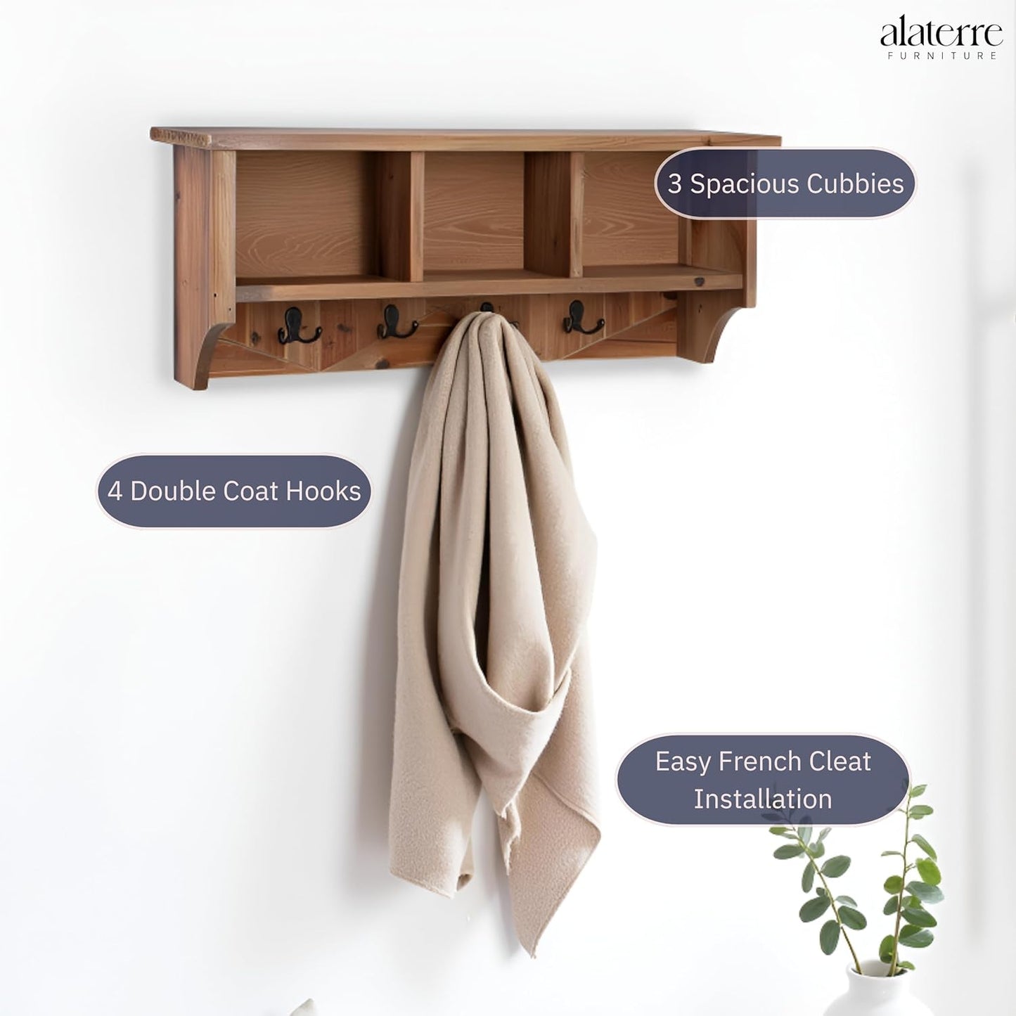 Revive Solid Wood Wall Mounted Coat Rack with 3 Cubbies and 4 Double Hooks – 36" Entryway Wall Shelf Organizer with Easy Installation for Hallway or Mudroom Storage by Alaterre Furniture (Natural)