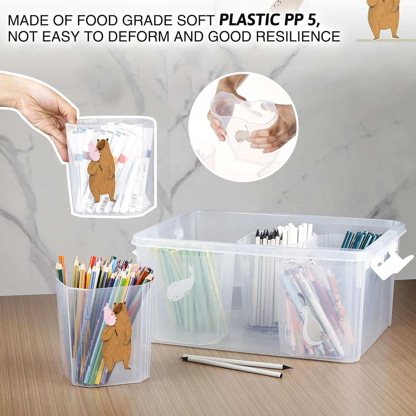 loobuu 17QT Plastic Storage Bins with Lids - 1 Pack Art Craft Supply Organizer Box with Brush Pot for Kids, Stackable Clear Pen Container for Toy/Sewing/Comestic/Tool/Playdoh (1 Pack)