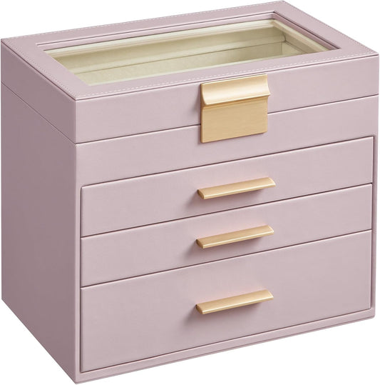 SONGMICS Jewelry Box Organizer with Glass Lid, 4-Layer Jewelry Storage, with 3 Drawers, Modern Style, Christmas Gift, 6 x 9.9 x 8.5 Inches, Lavender Purple and Gold Color UJBC161P01