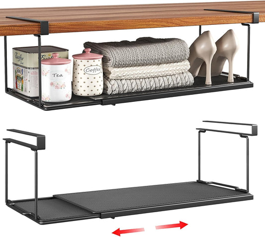Expandable Under Cabinet Shelf, Extendable Under Shelf Storage with 0.94 Inches Thick Clips for Shoe Rack, Pantry Cabinet, Laundry Room. (Black, 2 Pack, Interior: 6" H x 8.26" D)