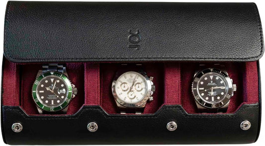 DailyWatch | Watch Roll Travel Case For 3 Watch | Luxury Watch Case In Genuine Black Leather With Soft Velvet Interior | Watch Case Protect, Store, & Display Your Watches | Black Cherry