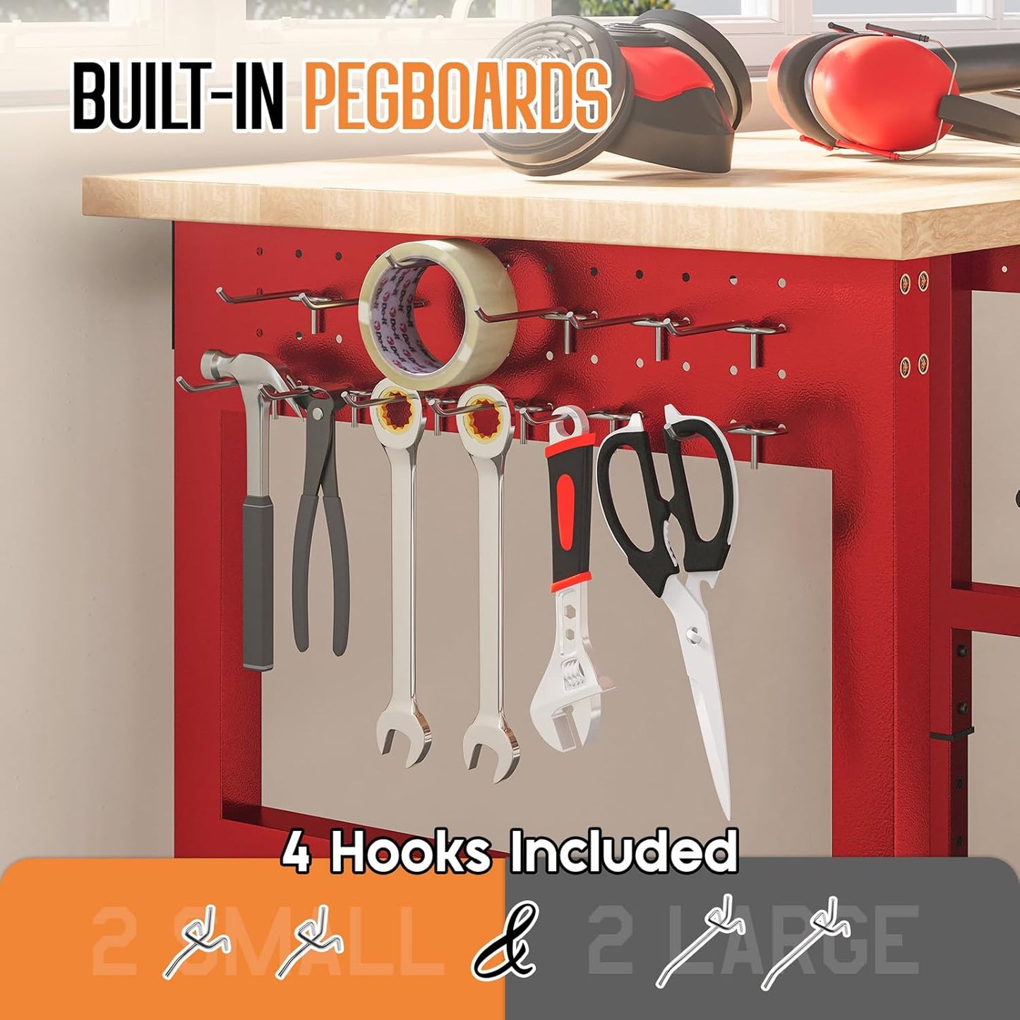 SPECRAFT 84" Red Adjustable Heavy Duty Workbench with 4 AC Outlet and 2 USB Ports Power Outlets, 6000 Lbs Capacity, Rubber Wood Top for Garage, Workshop, Office