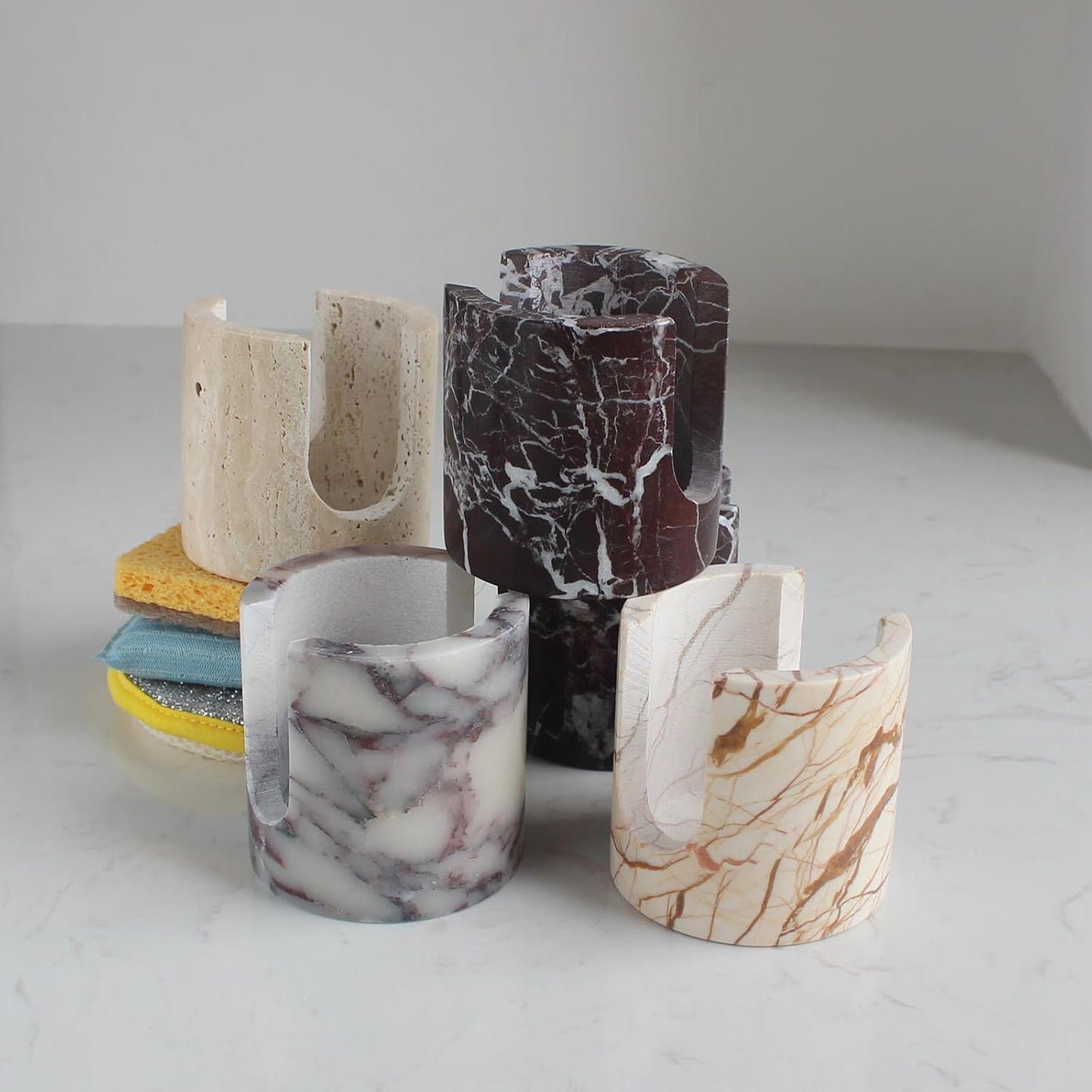 Natural Marble Travertine Sponge Holder for Kitchen Counter, Drying Rack, Sponge Caddy for Sink Organizer - Rosa Levanto Marble