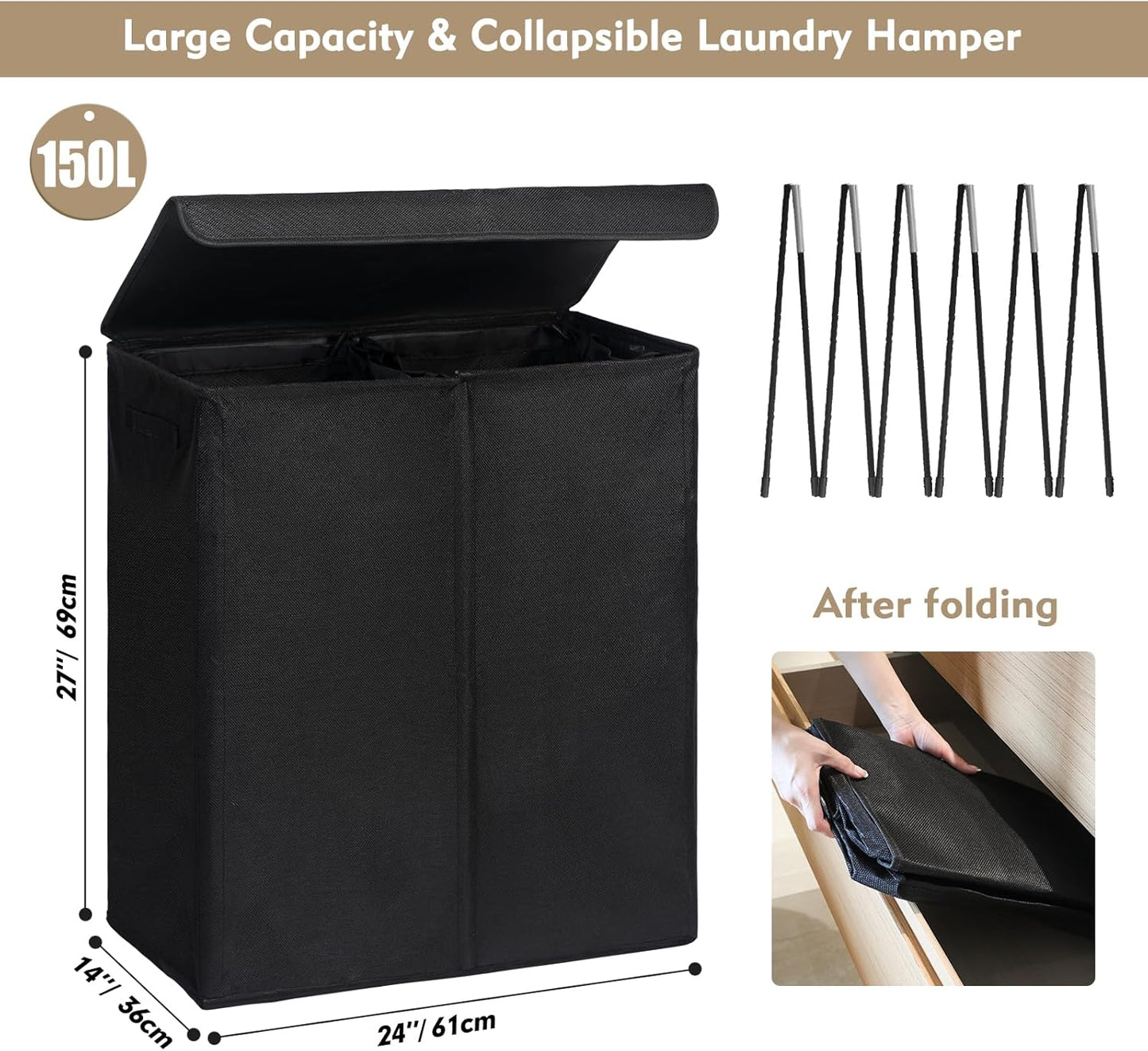 DOKEHOM 150L Double Laundry Basket with Lid and Removable Laundry Bags, Large Collapsible Laundry Hamper with 2 Sections for Bedroom, Bathroom, Laundry Room, Colloge (Black)