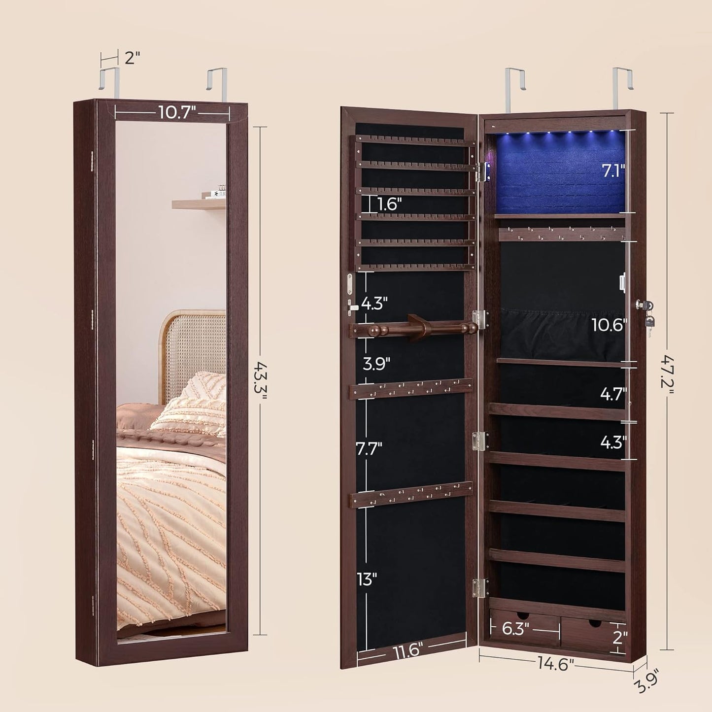 SONGMICS 6 LEDs Mirror Jewelry Cabinet, 47.2-Inch Tall Lockable Wall or Door Mounted Jewelry Armoire Organizer with Mirror, 2 Drawers, Christmas Gift, 3.9 x 14.6 x 47.2 Inches, Brown