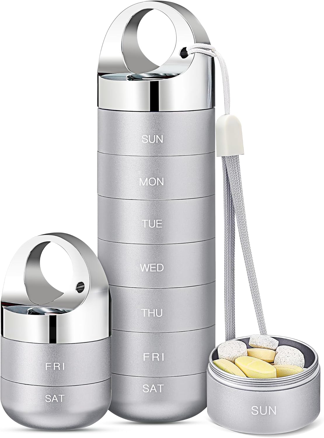 Zannaki Metal Travel Pill Organizer, Portable Waterproof Weekly Pill Box, Large Aluminum Alloy Pill Case Container, BPA Free 7 Day Daily Medicine Organizer Holder for Vitamin, Fish Oil, Supplement