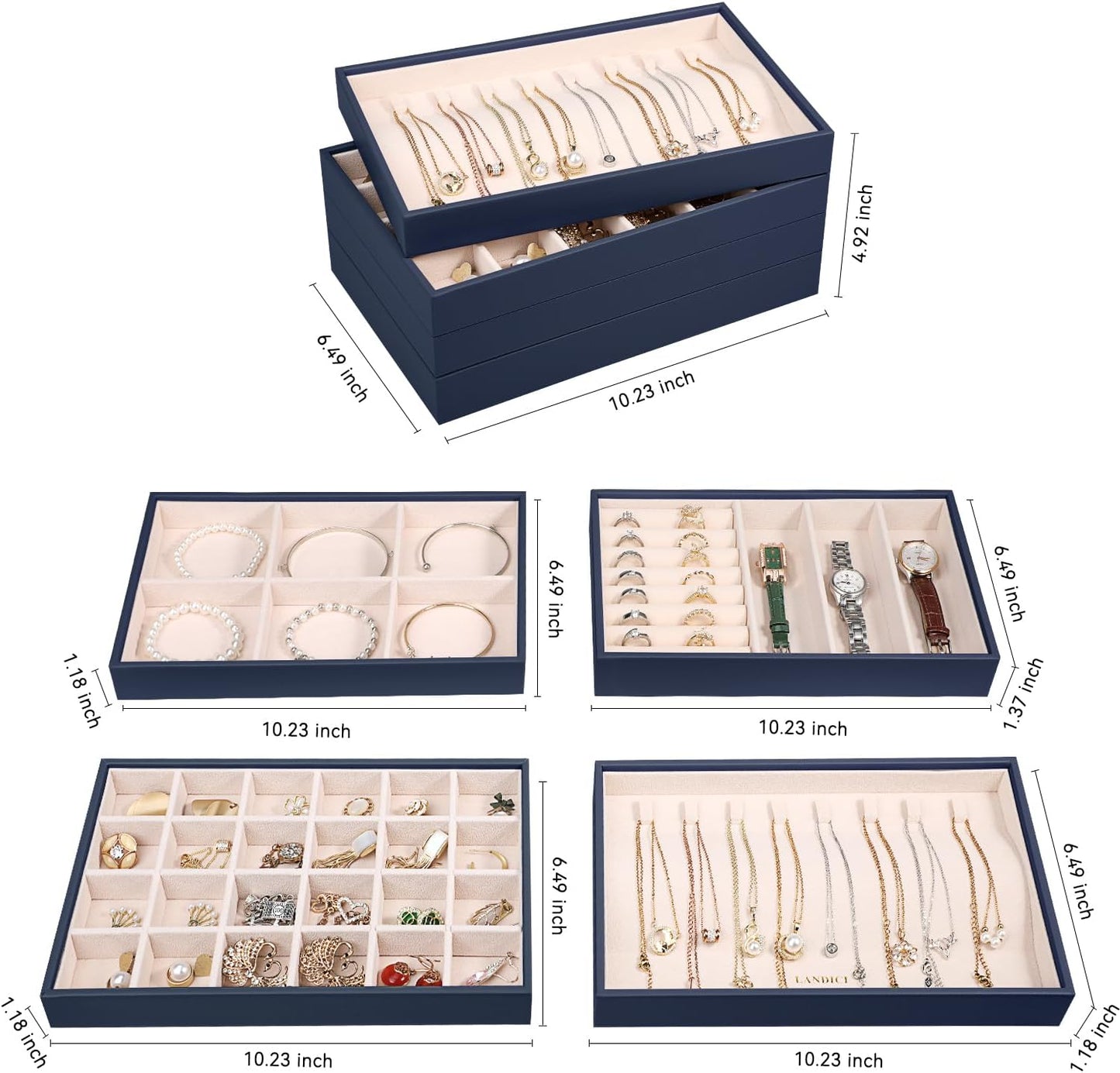LANDICI Stackable Jewelry Organizer Trays 4 Set,PU Leather Jewelry Organizer Drawer,Jewelry Storage Display Tray for Earring Necklace Rings Bracelet with Removable Dividers,Dark Blue