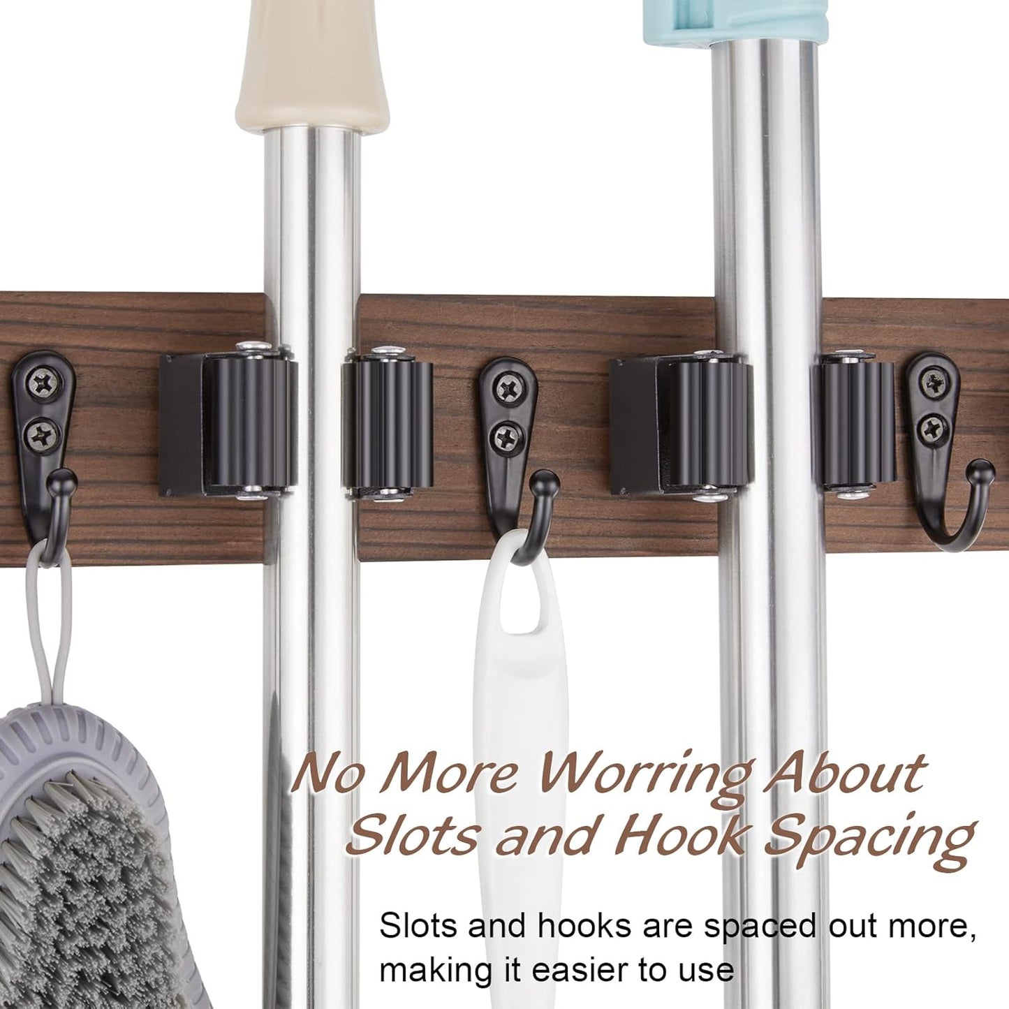 Mop and Broom Holder Wall Mount - Rustic Wood Broom Mop Hanger - Wall Mounted Garden Tool Rack Organizer for Closet Garage Laundry Room Kitchen Decor With 4 Slots & 4 Hooks