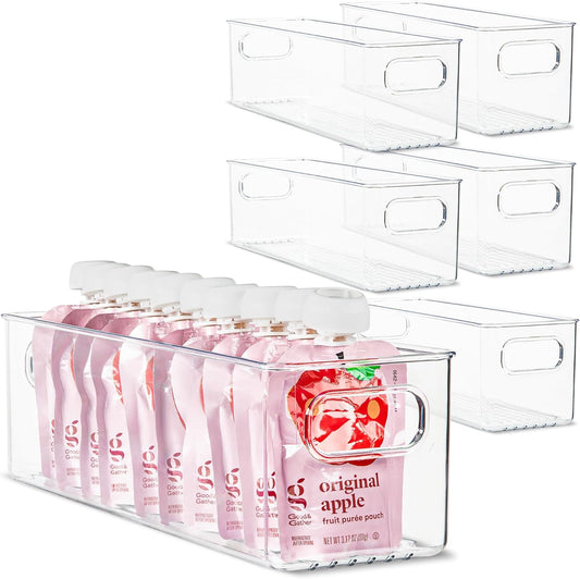 primebox Plastic Food Storage 6 Pack Clear Container Bin with Handles for Organizing Kitchen, Pantry, Refrigerator, Freezer, Pantry, Cabinet, Closet, Bathroom. 14”x4”x4”