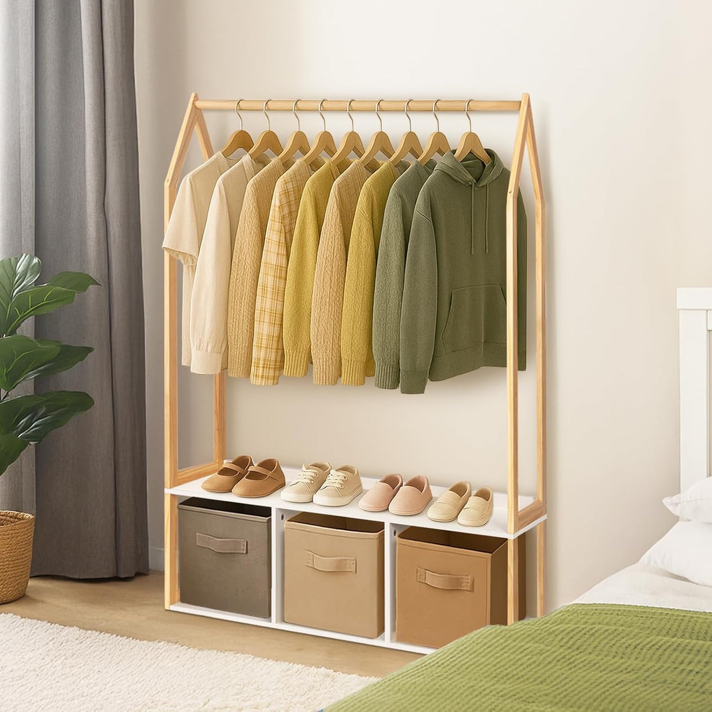 Wood Clothes Rack with Storage, Freestanding Clothing Racks for Hanging Clothes Garment Rack for Bedroom, Entryway, Living Room