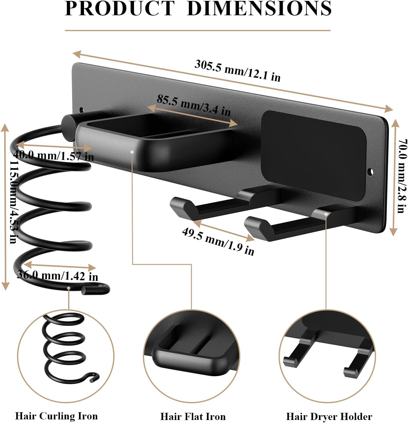 BSICPRO Hair Dryer Holder-3 in 1 Blow Dryer Holder-Metal Bathroom Hair Tool Organizer Wall Mounted-Bathroom Organizer for Hairdryer Curling Iron Flat Iron (Black)