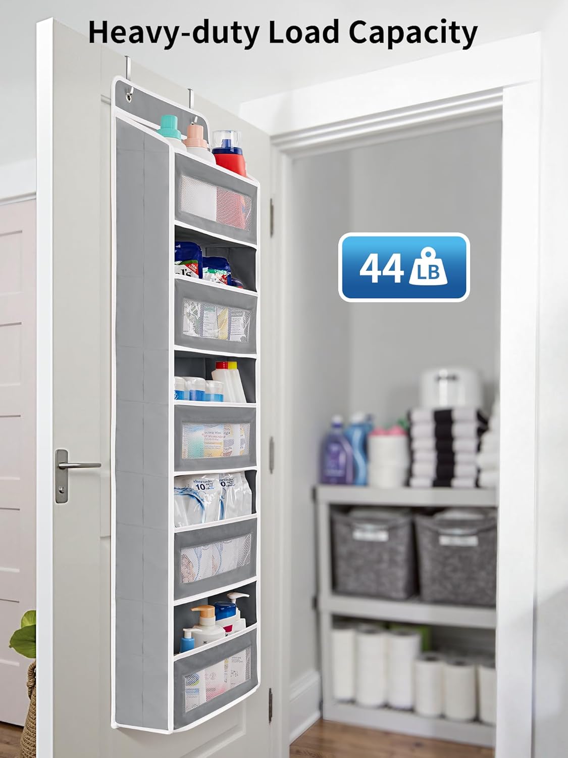 JARLINK Over The Door Organizer Storage, 5 Shelf Hanging Door Organizer with 5 Large Capacity Pockets, Anti Tilt 44 lb Load Behind Door Storage for Bedroom, Bathroom, Pantry, Nursery, (Grey)