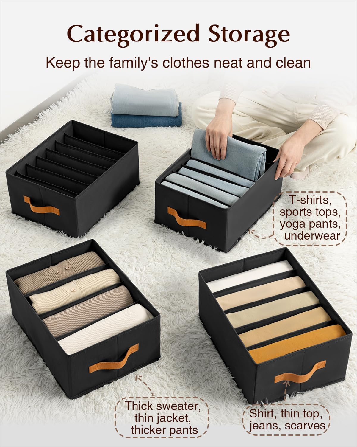 Clothes Organizers and Storage - 4/5/7 Grids Fabric Jeans Organizer with Handles, Foldable Closet Organizers Dividers, Wardrobe organizer for Pant, Sweater, T-shirt, Scarf, 3 Pack, Black