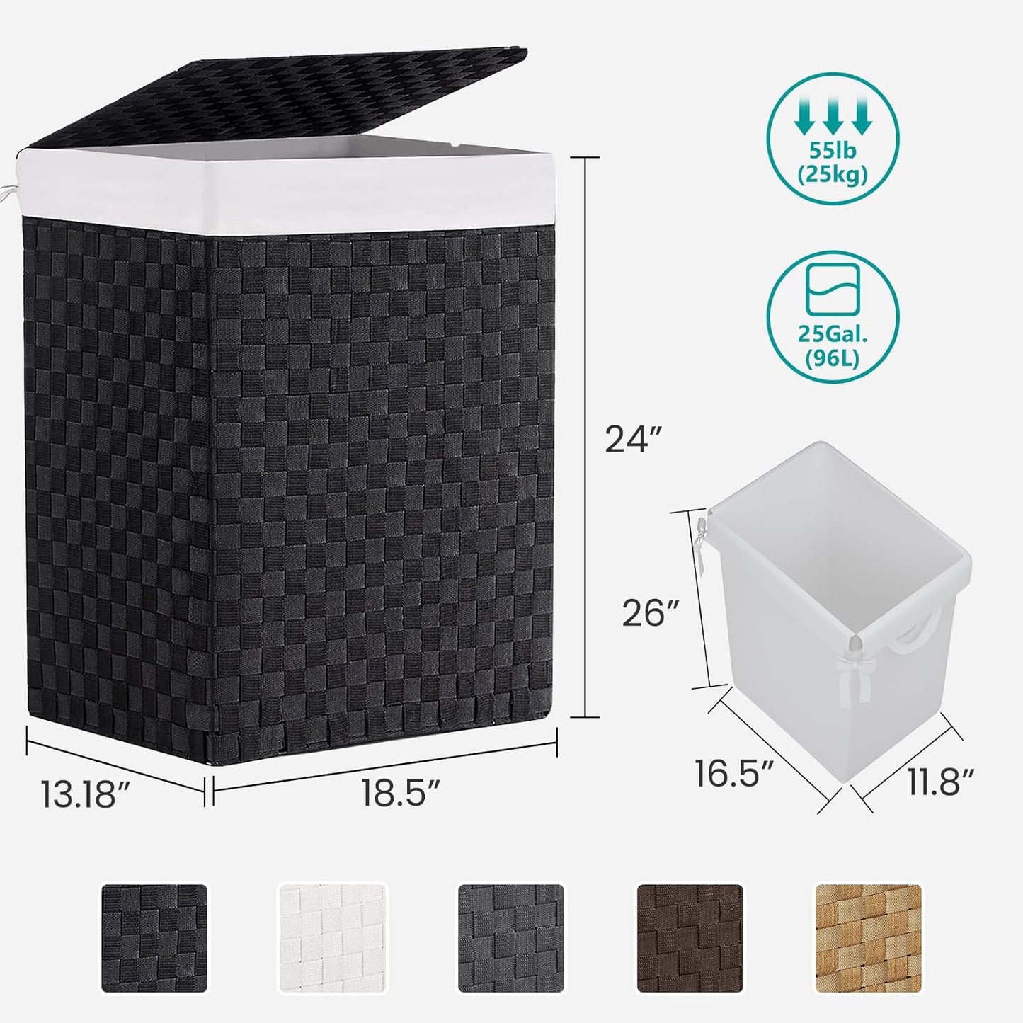 Foldable Laundry Hamper Basket with Lid by Fiona's magic, Handwoven 96L Large Clothes Hamper with Removable Liner Bags, Collapsible Tall Hamper for Bedroom, Bathroom and Dorm Organizer, Black