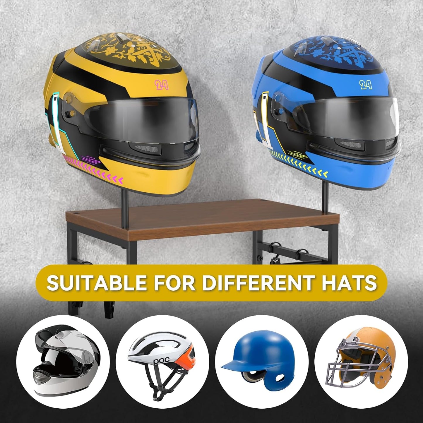 BORISI Helmet Holder Wall Mount, Motorcycle Helmet Holder, Helmet Stand with Motorcycle Accessories, Helmet Rack for Display Wall Mount, Motorcycle Gear Storage Rack
