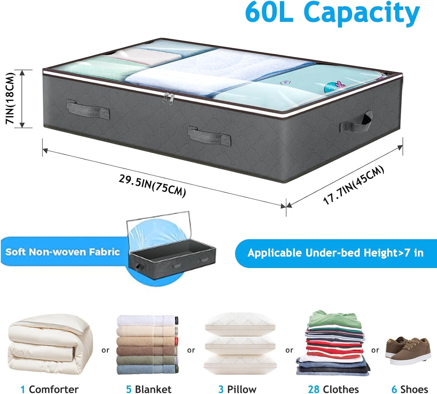 Budding Joy 60L Under Bed Storage Containers, Storage Bins with Clear Lids, Foldable Closet Organizers Storage Bags for Wrapping Paper, Blankets, Clothes, Shoes, Comforter, Sweaters, Sheets