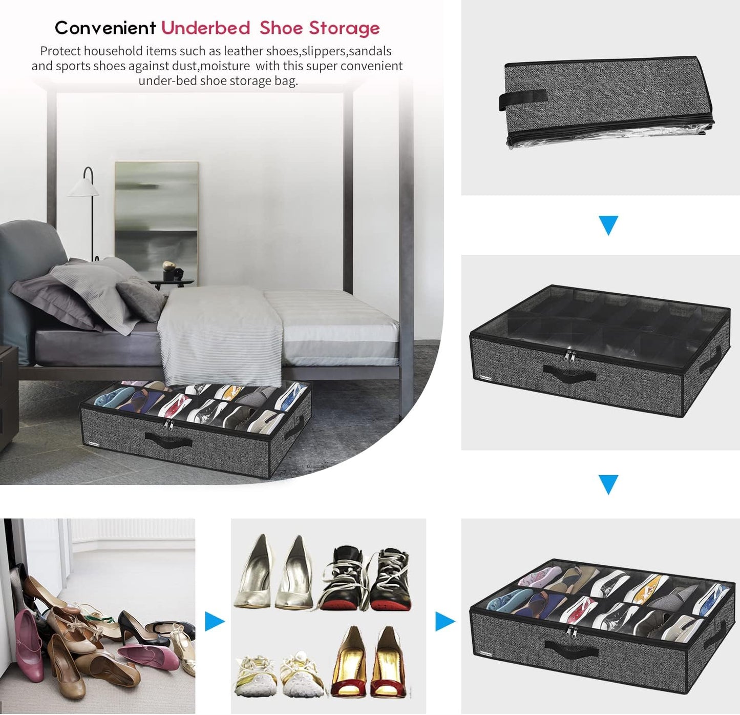 Onlyeasy Sturdy Under Bed Shoe Storage Organizer, Set of 2, Fit 12 to 24 Pairs, Underbed Shoes Closet Storage Solution with Clear Window, Breathable, L29.3 x W23.6 x H5.9, Linen-like Black, MXAUBSB2P