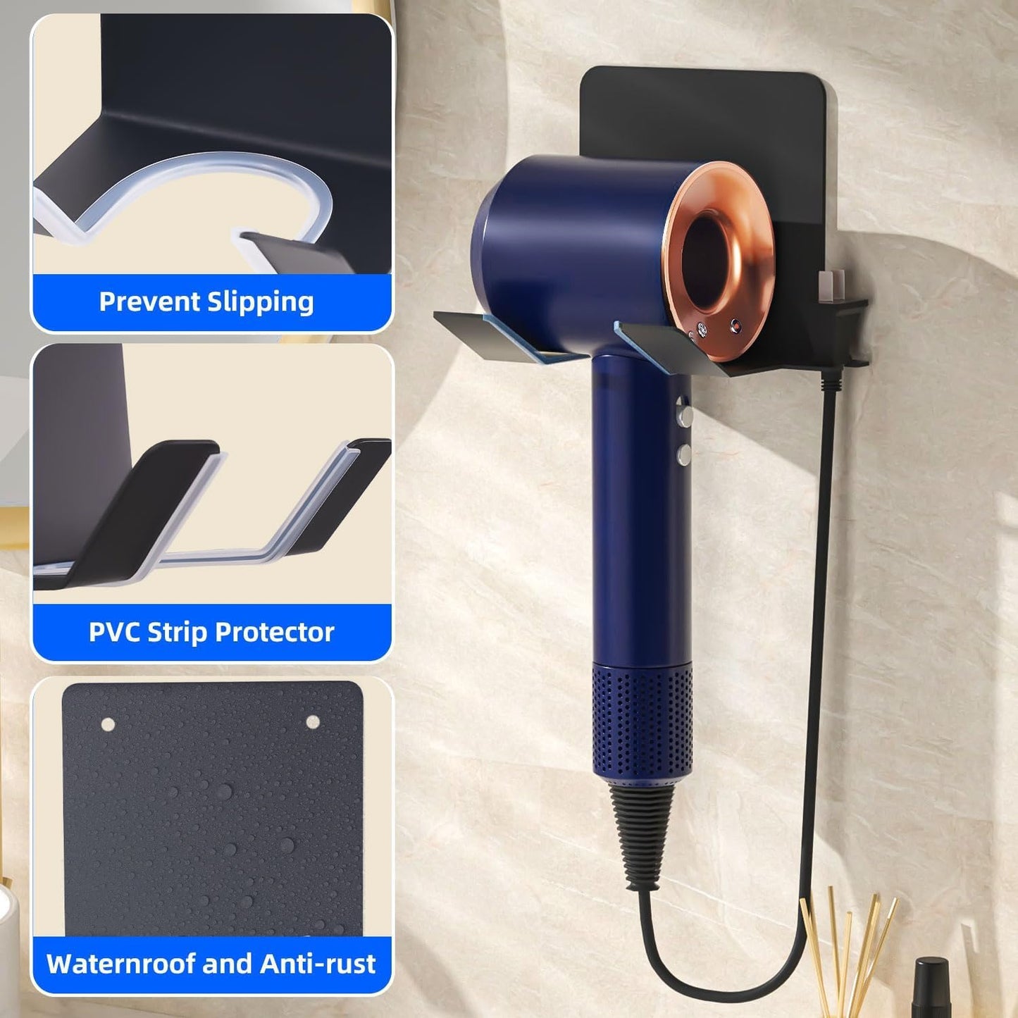 Hair Dryer Holder, Blow Dryer Holder Wall Mounted Hair Tool Organizer Self Adhesive Hair Dryer Holder Wall Mount, Compatible for Dyson Hair Dryer Holder for Bathroom Black PTALSEAW