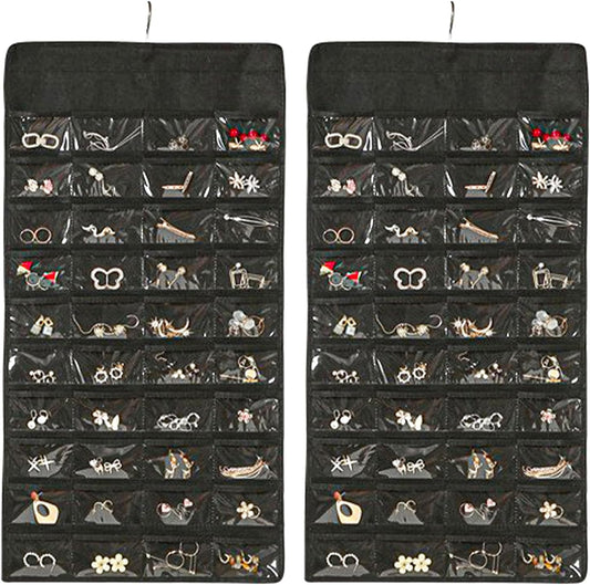 Hanging Jewelry Organizer Storage Earring Jewelry Storage Bag With 48 Pockets Necklace Bracelet Ring Glasses Accessory Display Rack (B80-Black)
