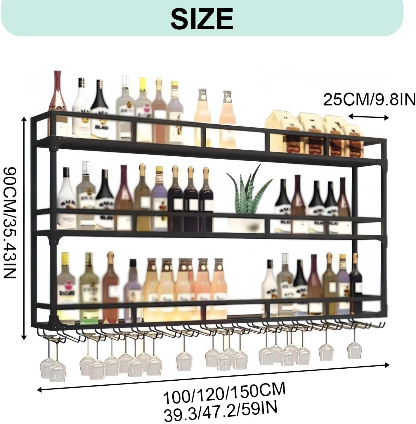 59in Wall Mounted Wine Rack, Wine Rack Wall Mounted With Wine Glass Rack, Metal Bar Bottle Display Shelf Wine Cups Hanging Holder, For Home Bar Cafe Dining Room Decoration (GOLD, 59*10*35.5IN)