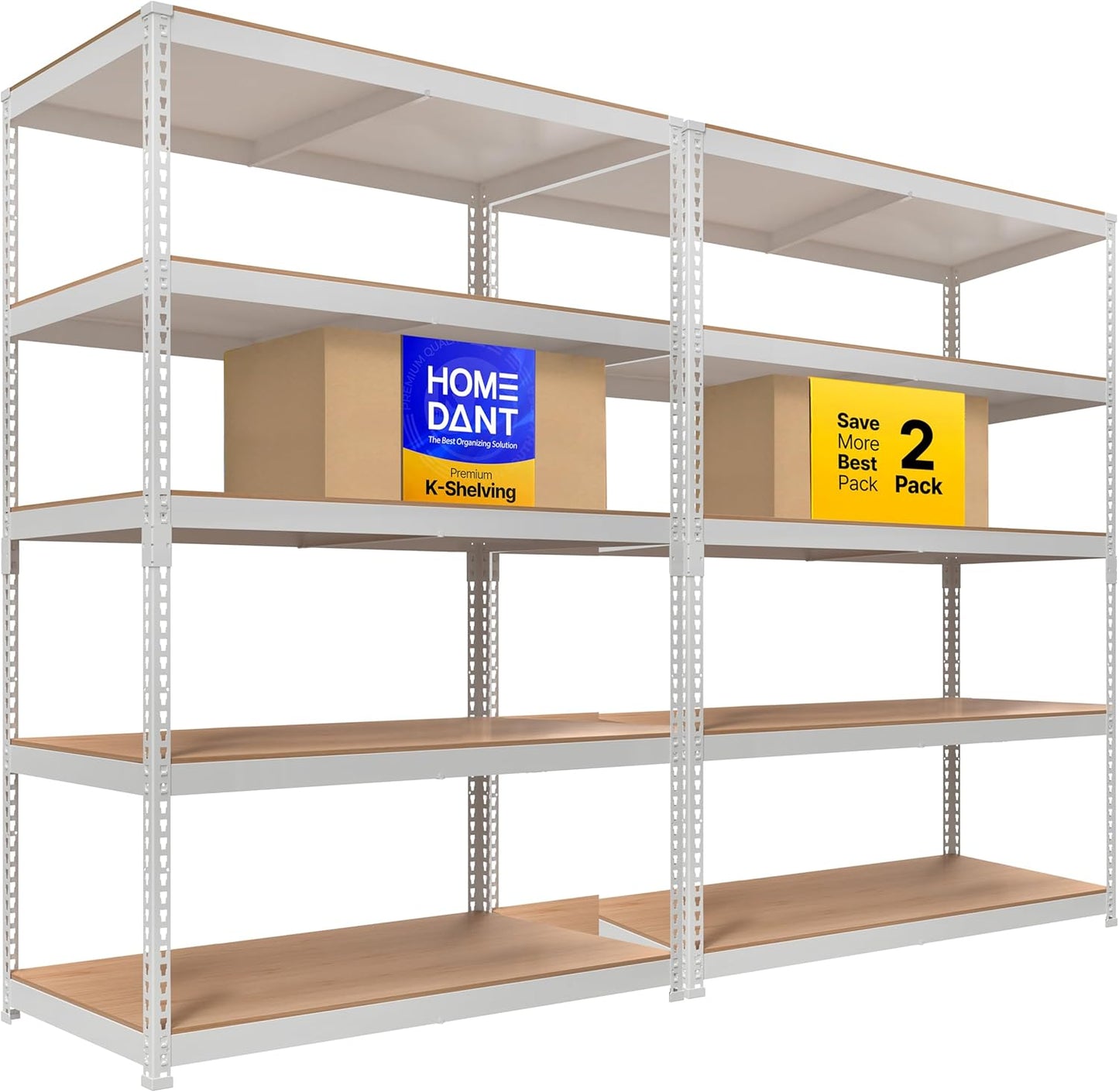 HOMEDANT 5 Tier Storage Shelves Adjustable Laminated Boltless Garage Metal Shelving Unit Heavy Duty Utility Rack Shelf Warehouse Pantry Closet Kitchen (2, (XL Deep) 48.1" W, White)