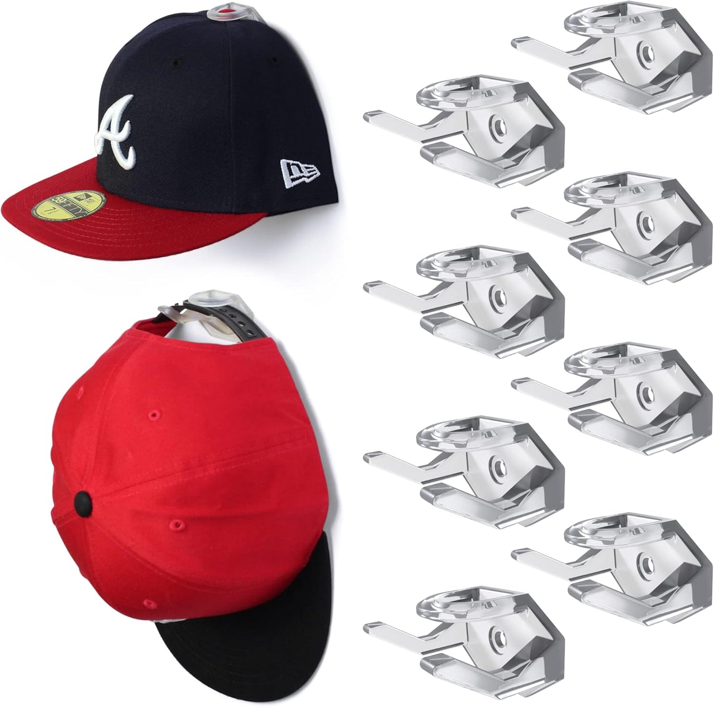 Modern JP Adhesive Hat Hooks for Wall (8-Pack) - Hat Rack for Baseball Caps, Minimalist Hat Display, Strong Hold Hat Hangers for Wall - USA Patented, Clear