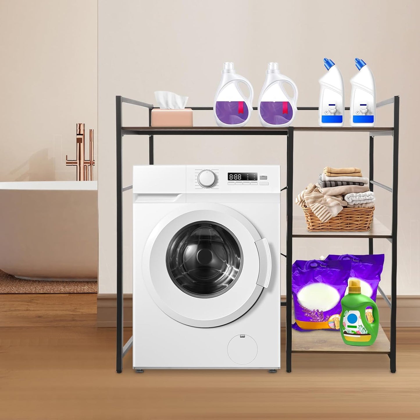 3 Tier Washing Machine Shelf, Over The Washer and Dryer Storage Shelves Space Saving Shelving Units Drying Organizer Stand with Side Racks for Laundry Room Apartment Bathroom (Black, Brown)
