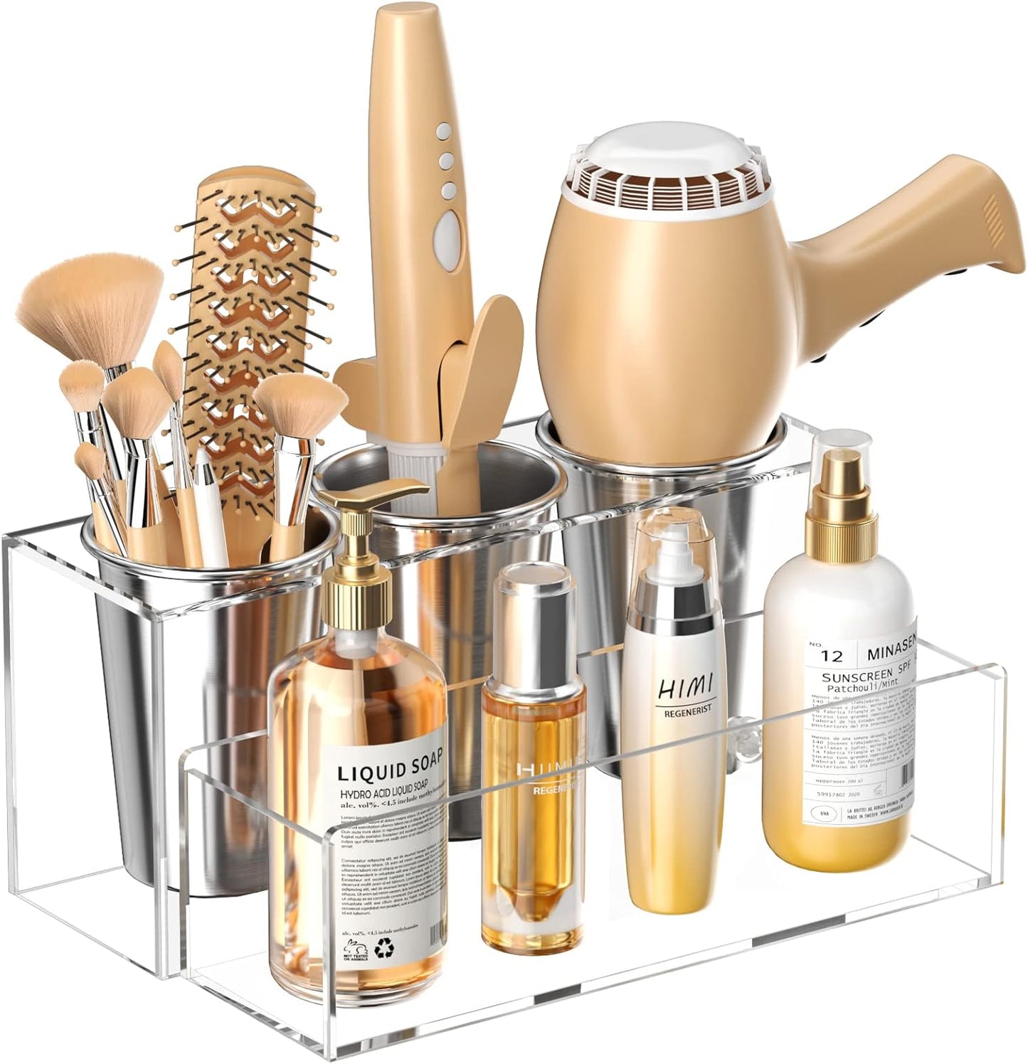 HIIMIEI Hair Tool Organizer, Acrylic Hair Dryer Holder, Bathroom Countertop Blow Dryer Stand Storage, Vanity Organizer for Accessories, Makeup, Flat Irons, Curling Irons, and Toiletries (Clear)