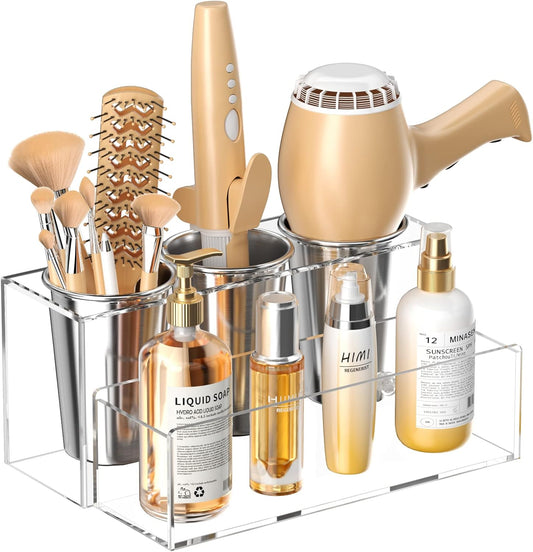 HIIMIEI Hair Tool Organizer, Acrylic Hair Dryer Holder, Bathroom Countertop Blow Dryer Stand Storage, Vanity Organizer for Accessories, Makeup, Flat Irons, Curling Irons, and Toiletries (Clear)