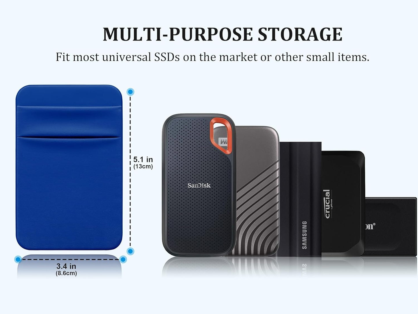 Lacdo Portable Hard Drive Sleeve for Laptop, 2-Pocket Stick on Pouch with Reusable Adhesive, for SanDisk, Samsung, Crucial, Portable External Solid State Drive SSD Hard Drive Carrying Case, Blue