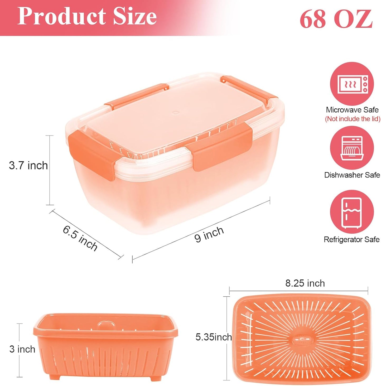 68oz Berry Keeper Fruit Storage Container for Fridge, Fresh Food Produce Saver Containers with Removable Drain Colanders, Vegetable Lettuce Keeper Bowl, Refrigerator Organizer, PRESS TO OPEN CLOSE LID