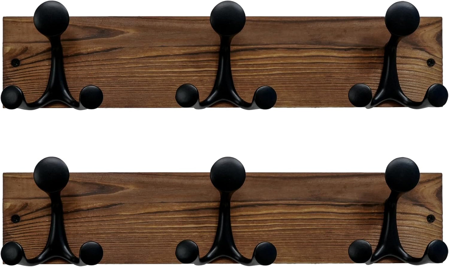 SKOLOO 17-Inch Wood Coat Rack Wall Mount with 3 Triple Hooks - Ideal for Family Entrances, Classrooms, and Pet Supplies Storage - Perfect Coat Hooks for Wall,Charred Golden Brown, Pack of 2