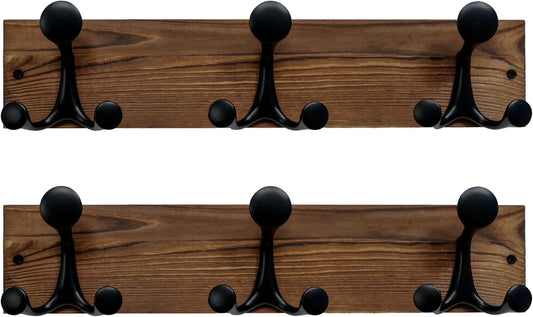 SKOLOO 17-Inch Wood Coat Rack Wall Mount with 3 Triple Hooks - Ideal for Family Entrances, Classrooms, and Pet Supplies Storage - Perfect Coat Hooks for Wall,Charred Golden Brown, Pack of 2