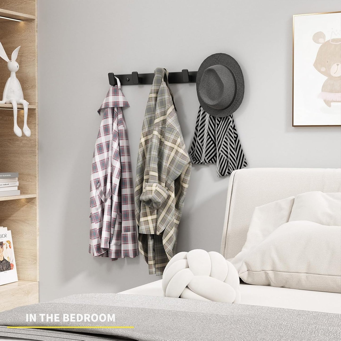 Black Coat Rack Wall Hooks for Hanging Heavy Duty Door Hooks with 5 Hooks Key Holder for Wall Hat Rack for Entrance Coat Hook