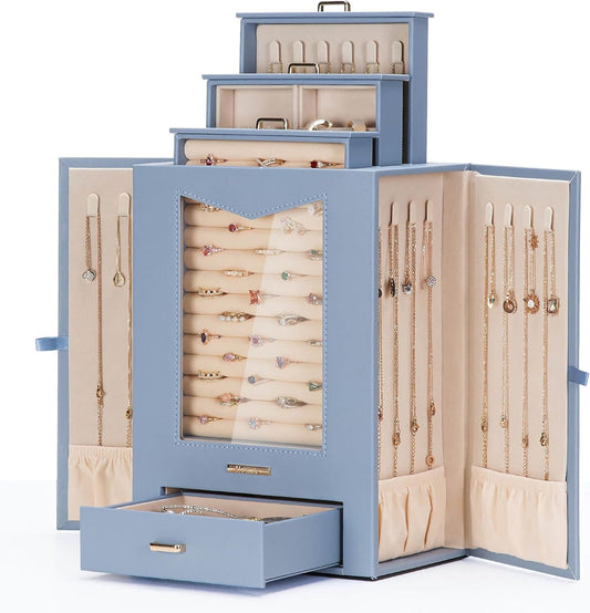 Homde Jewelry Organizer with Transparent Window Necklace Hooks Gift for Women Jewelry Box Display Case for Necklaces Rings Earrings Bracelets and Other Accessories (Grey Blue)