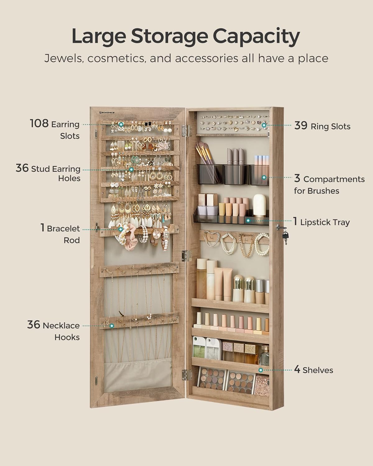SONGMICS Mirror Jewelry Cabinet Armoire, Wall or Door Mounted Jewelry Storage Organizer, Hanging Lockable Frameless Mirror Cabinet with 2 Cosmetic Organizers, Christmas Gift Idea, Toasted Oak Color