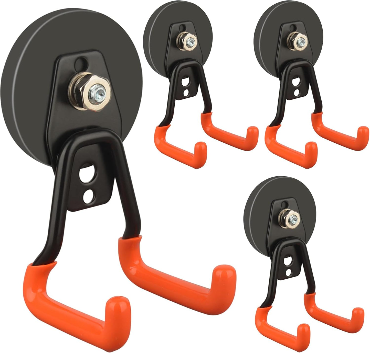ULIBERMAGNET New Upgraded Heavy Duty Magnetic Garage Hooks,4 Pack Strong Large Magnet Hooks for Power Drill,Garden Tools,Hose,Pegboard,Garage, Workshop,Magnetic Storage Hook for Hanging(Orange)
