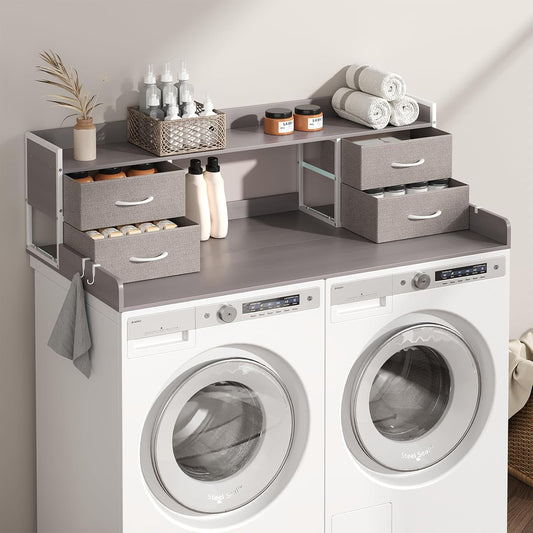 4 Drawers Washer Dryer Countertop with Shelf, 27.5" D x 54" W Laundry Topper with 3.54" High Guardrails and Non-Slip Pads,Extra Storage Organizer for Over Washer and Dryer, Holds 66 Lbs, Light Grey