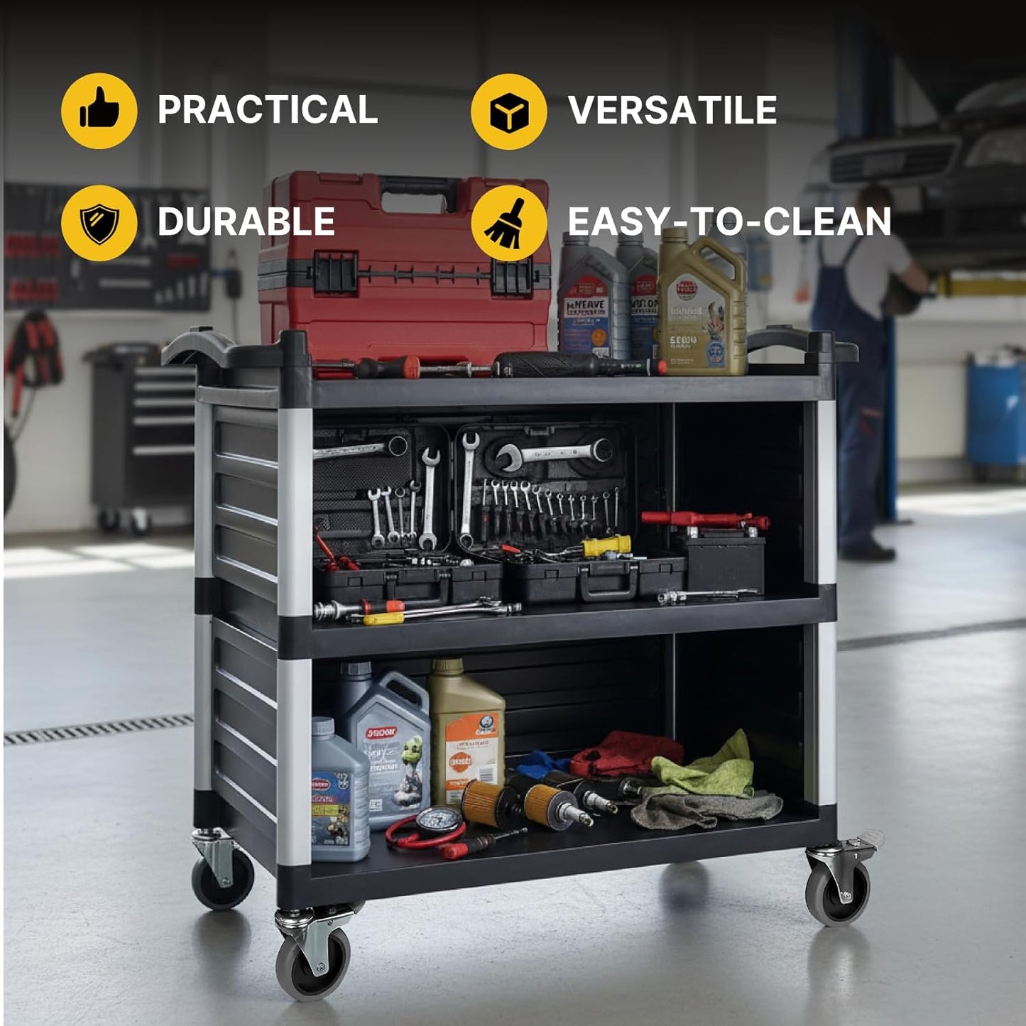 NorthSky Select Dual-Handle Utility Service Cart, 3 Shelves, 440 lb. Capacity -Black Plastic Shelves, Lockable Swivel Casters - Suitable for Hospital, Lab, Hotel, Office Transport & Organizing