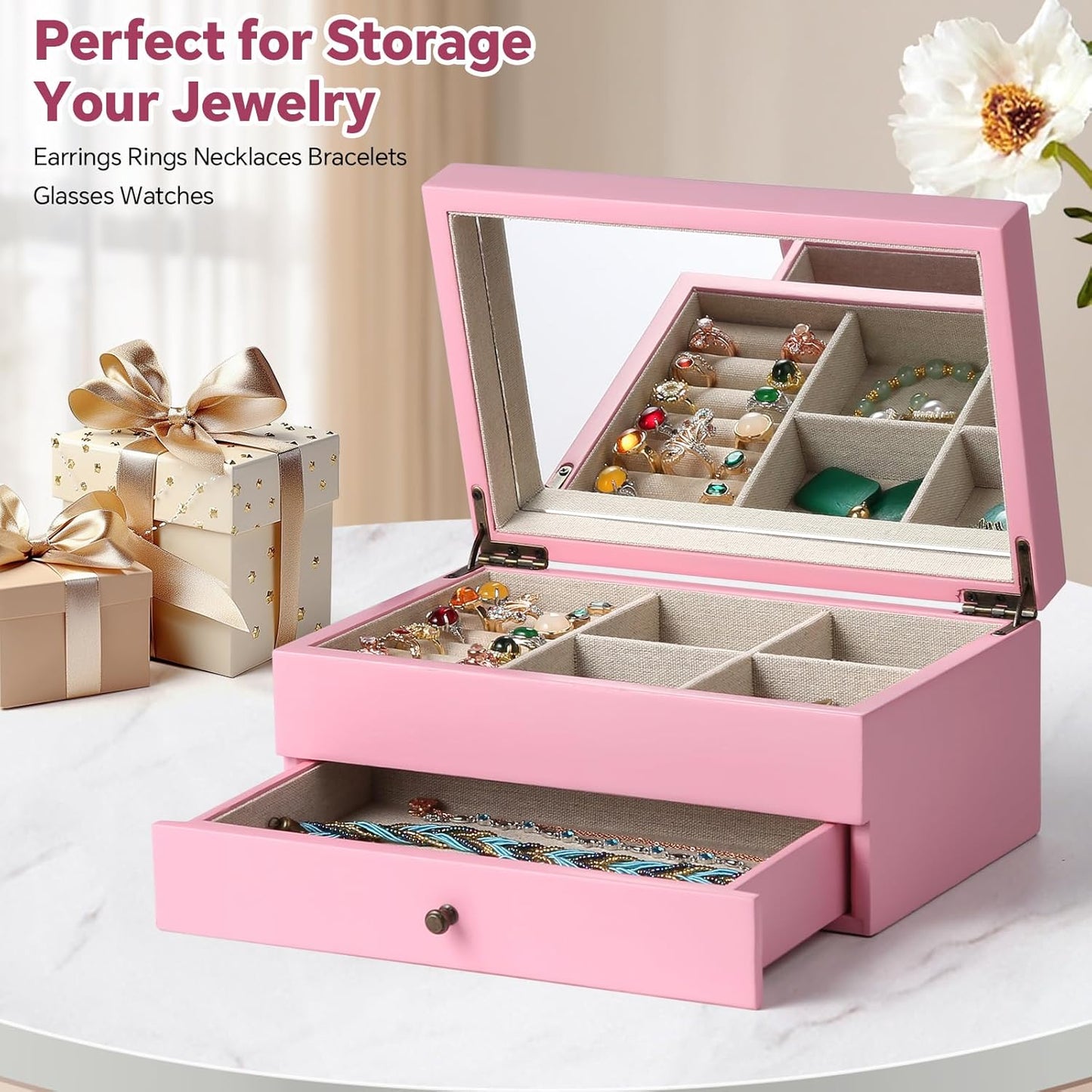 Meangood Jewelry Box Organizer for Women, 2 Layer Large Jewelry Storage Case, Rustic Wooden Jewelry Box with Mirror & Ring Tray for Necklace Earring Bracelets Rings, Vintage Style (Pink)