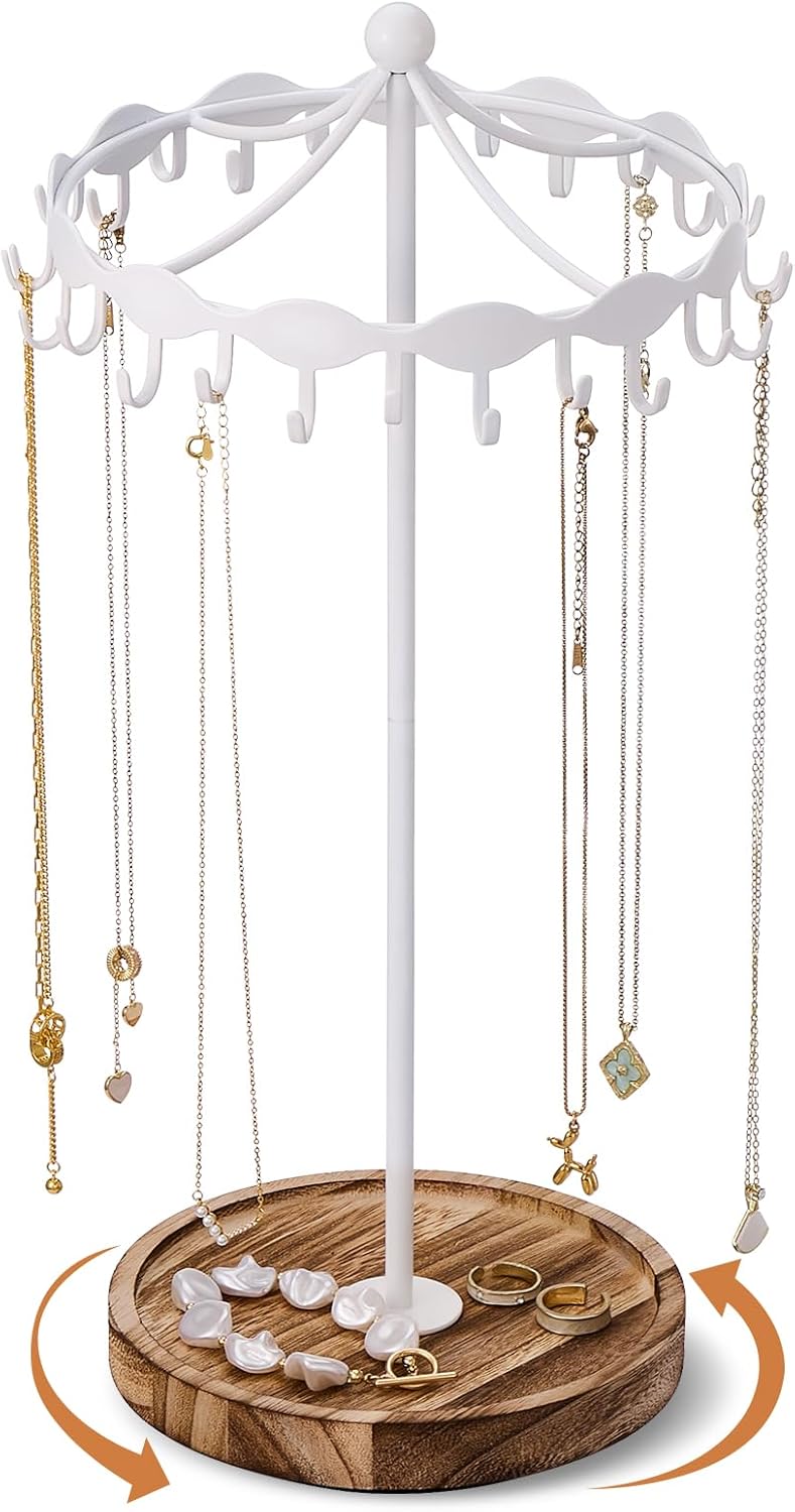 Lolalet Rotating Necklace Holder Stand with Metal Hooks, Spinning Display Carousels, Freestanding Organizer Hanger, for Long Necklaces Chains -White