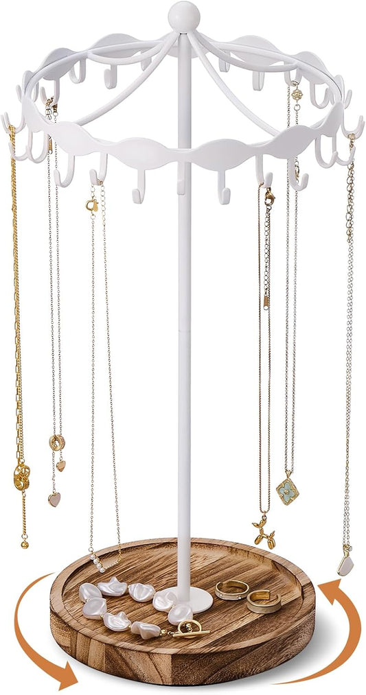 Lolalet Rotating Necklace Holder Stand with Metal Hooks, Spinning Display Carousels, Freestanding Organizer Hanger, for Long Necklaces Chains -White