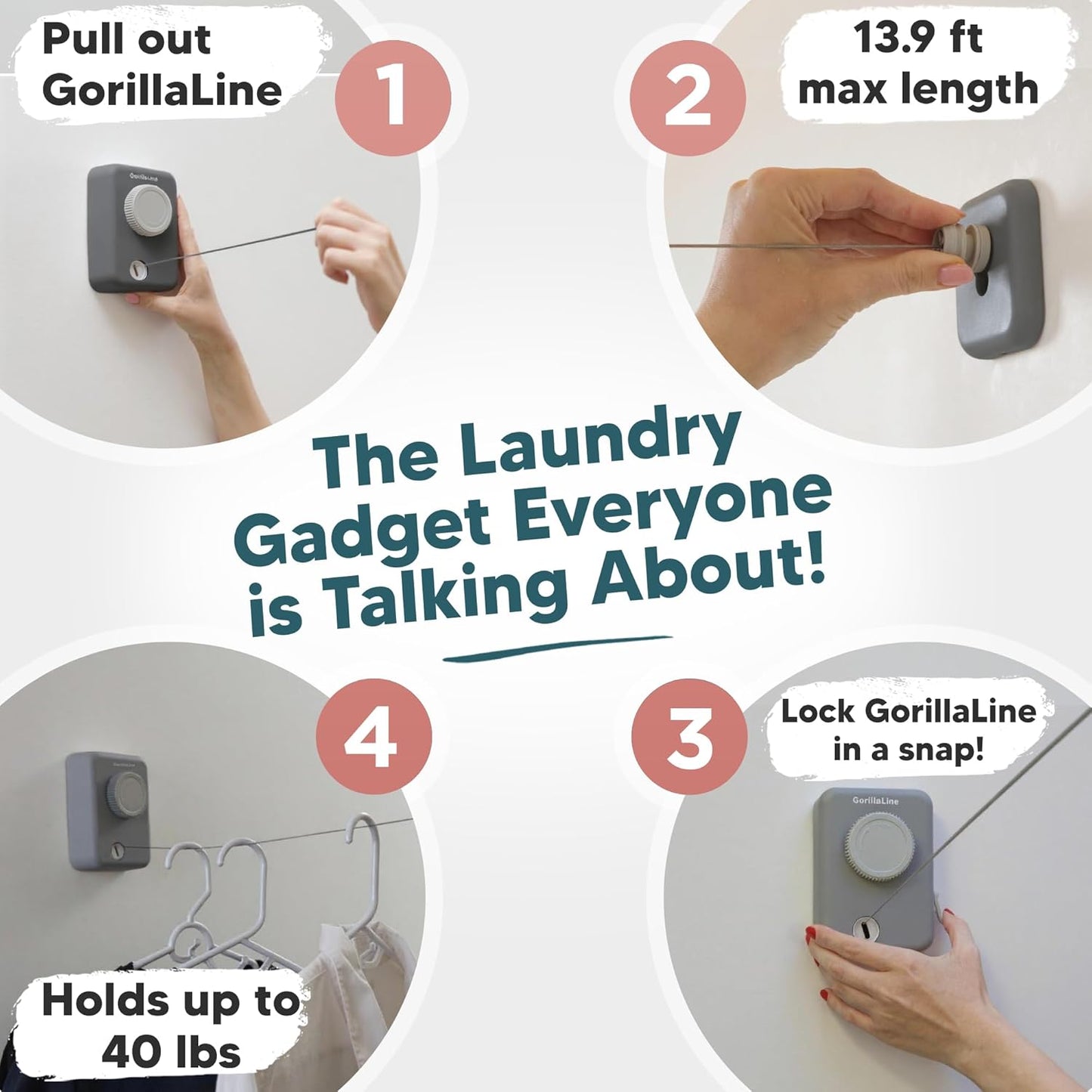 GorillaLine Max - Retractable Clothesline Indoor Outdoor Clothes Line - Heavy Duty Clothes Drying Laundry Line - Wall Mounted Drying Rack - Air Dry Clothing - Max Tighten with GorillaGrip