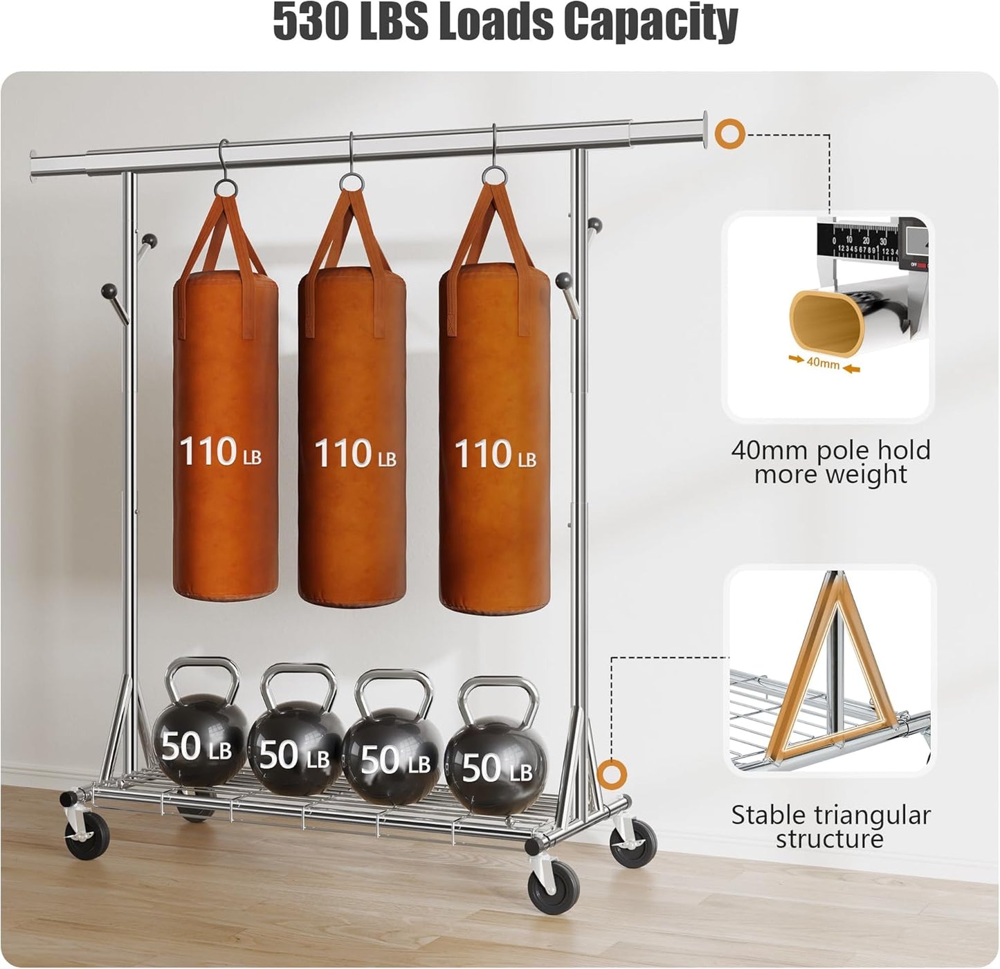 Heavy Duty Clothes Rack Load 530 lbs, Metal Rolling Clothing Rack With Sturdy Wheel And Shelves, Adjustable Portable Hanging Garment Rack For Clothes,Chrome Stainless Steel