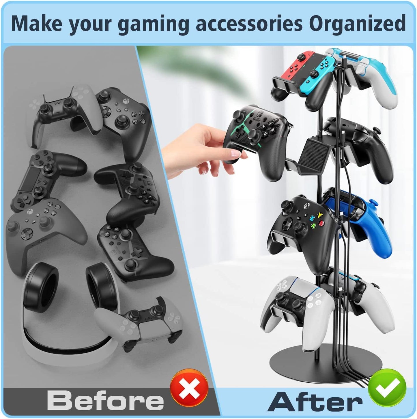Kytok Controller Stand 4 Tiers with Cable Organizer for Desk, Universal Headphone Stand Compatible with Xbox PS5 PS4 Console Nintendo Switch, Headset Holder & Desk Mounts for 8 Packs Controller