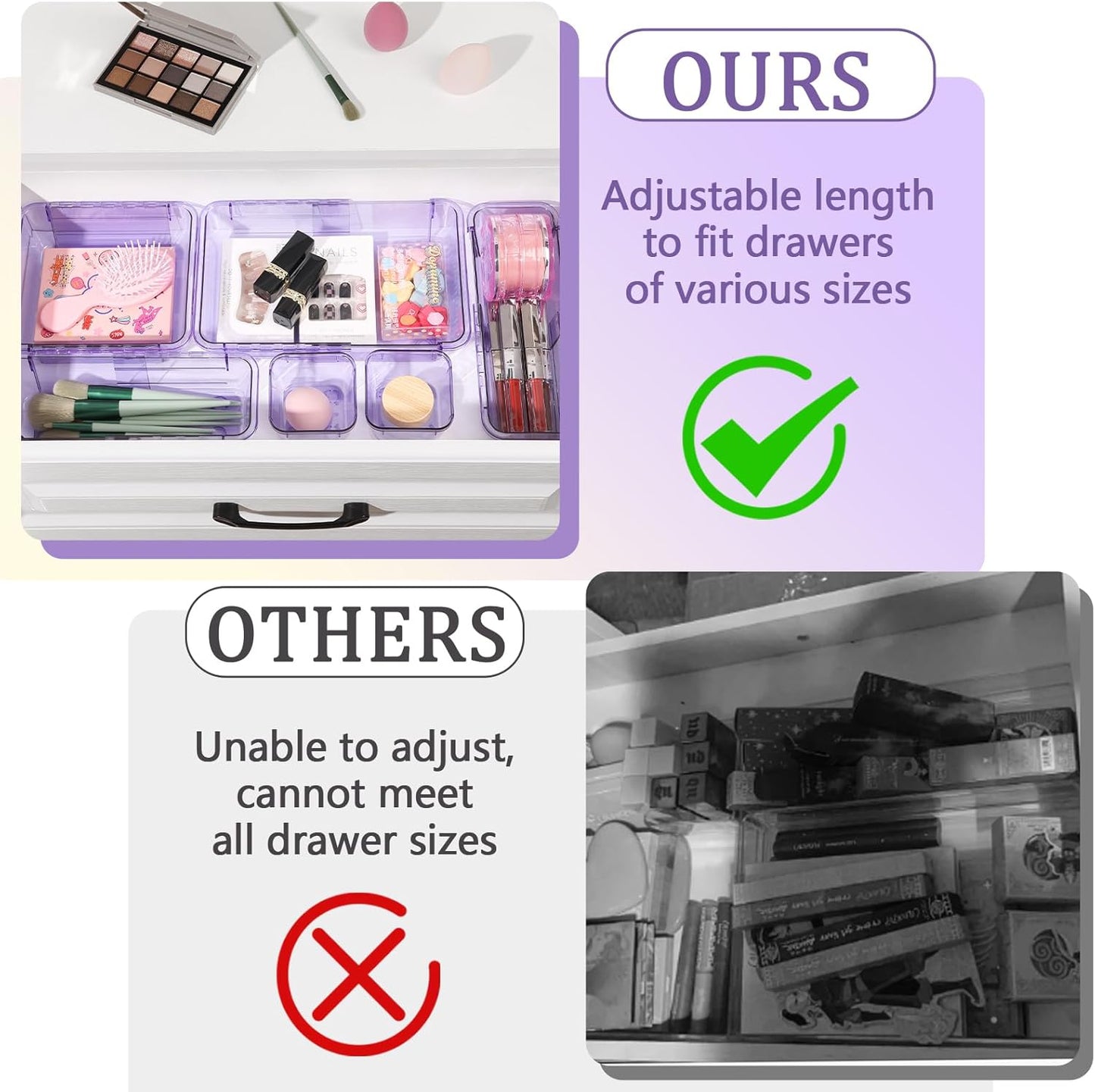 20 Pcs Adjustable Clear Drawer Organizer, Extendable Vanity Storage Bins, Desk Drawer Organizer Set for Makeup, Cosmetics, Bedroom, and Gadgets, Purple