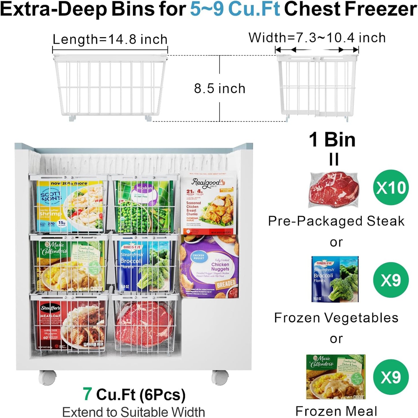 iSPECLE Chest Freezer Organizer Bins - Fit 5 to 9 Cu.FT, 6 Pack Large Adjustable Freezer Organizer Bins for Deep Freezer, Easy Access & Stackable Chest Freezer Organizer Hold More Food, White