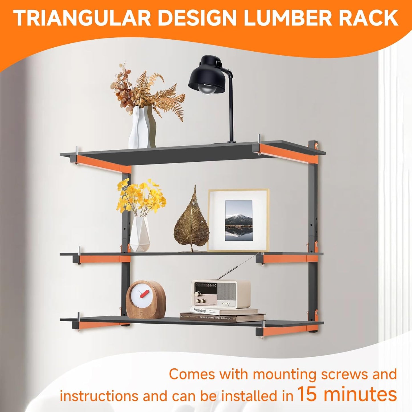 6 Pack Lumber Rack Wall Mount, Heavy Duty Wood Storage Racks, 9-Level System Organizer Shelving, 1080 LBS Capacity Hanging Garage Shelves, Orange Brackets Utility Metal Shelf for Indoor and Outdoor