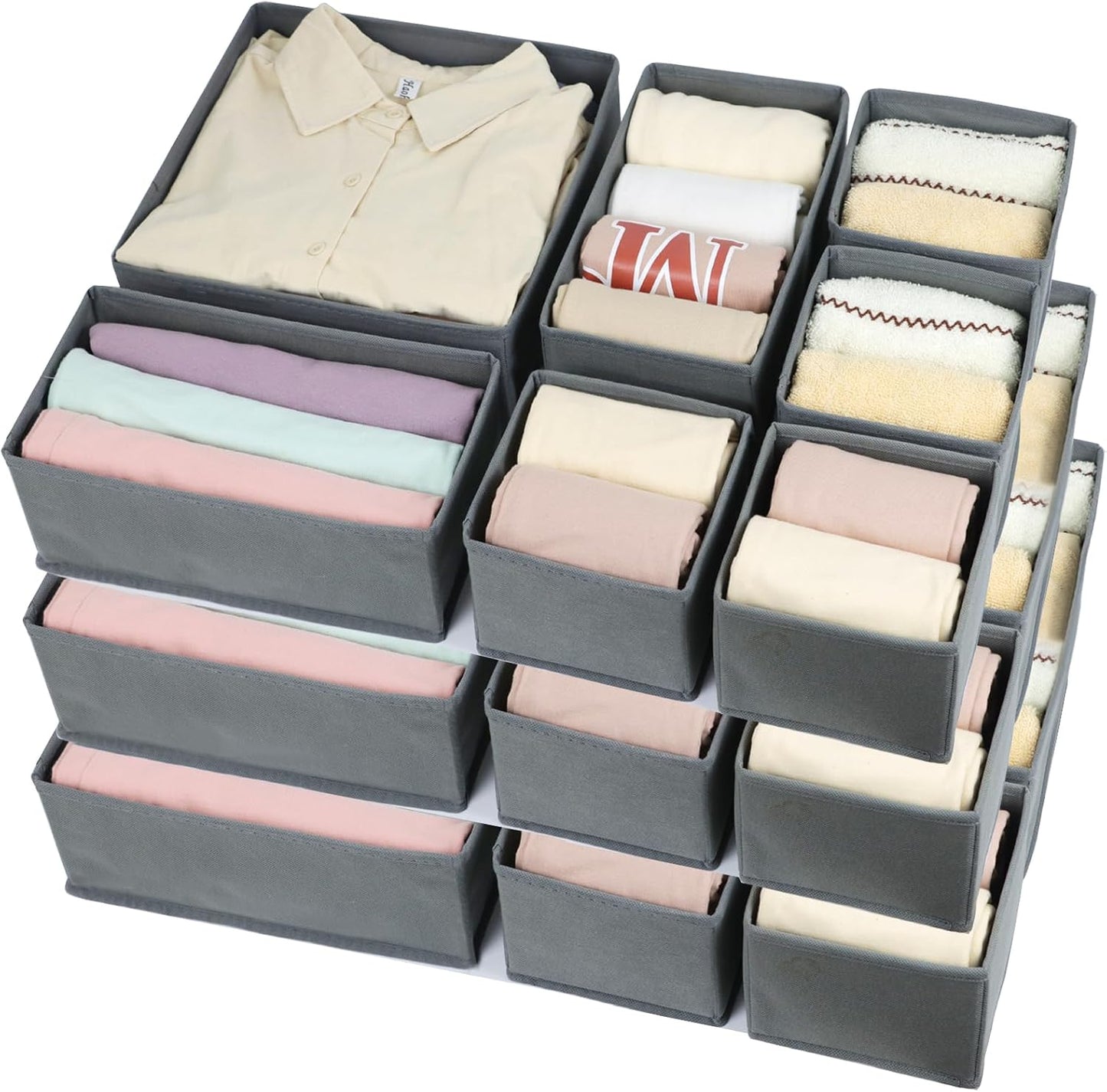 16 Pcs Drawer Organizer,Fabric Closet Organizer and Storage Baskets,Foldable Drawer Divider for Clothing,Sock,Ties,Underwear Drawer Organizers,Cabinet Storage Boxes (Gray)